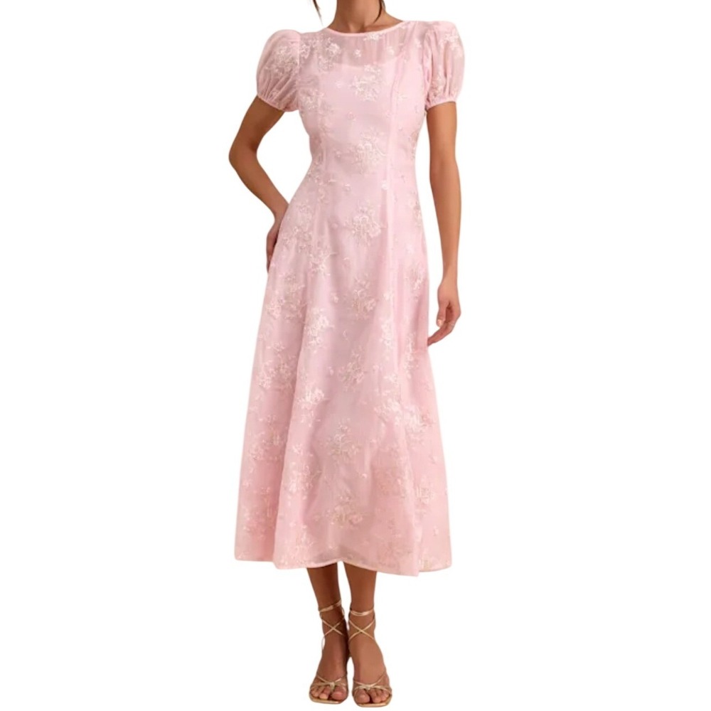 NWT Lulus Elfrieda Blush Floral Embroidered Puff Sleeve Midi Dress XL Pink Gold